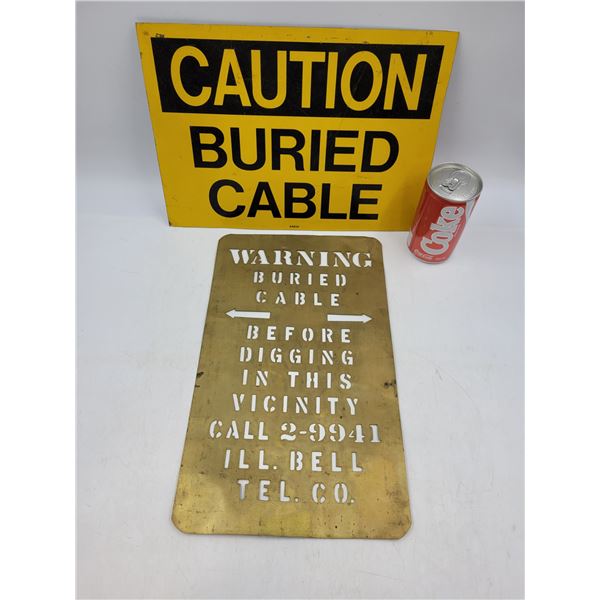 Vintage Aluminum Caution Buried Cable Sign w/Brass Stencil
