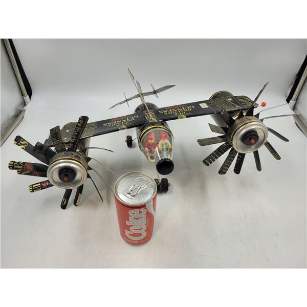 Handcrafted Beer Can Airplane with 2 Vintage Lego Mini Figures