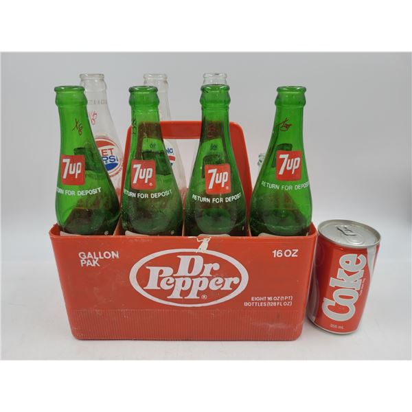 Vintage 7up and Diet Pepsi Soda Bottles with Dr. Pepper Carrying Crate