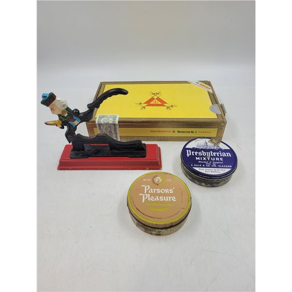 Vintage Cast Cutter, Cigarette Tins, and Cigar Box w/ Small Collectibles