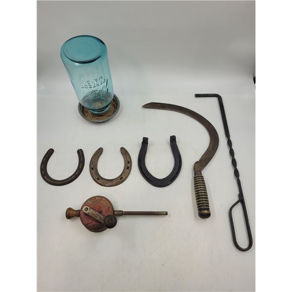 Vintage Scythe, Drill, Horseshoes, Cast Poker, and Mason Jar Feeder