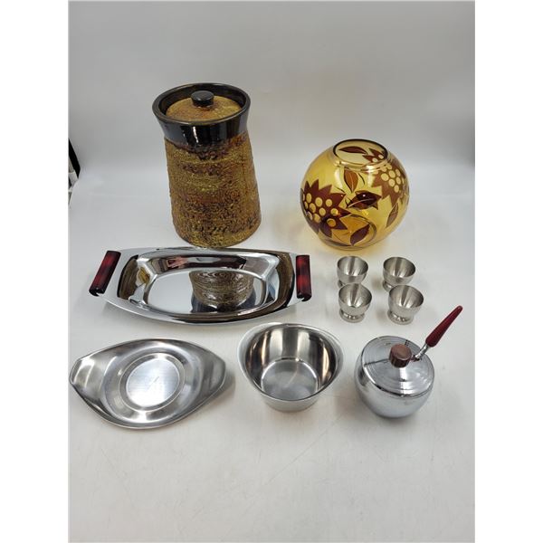 MCM Large Lidded Cannister, Amber Glass Vase, Glo-Hill and Stainless Servers