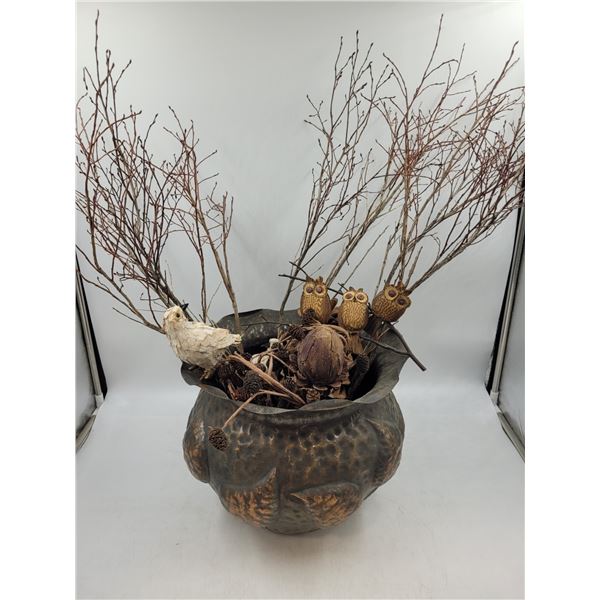 Large Metal Pot w/ Twig and Cone Decor