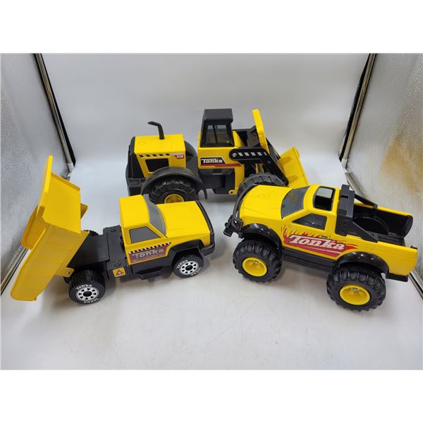 Vintage Tonka Dump Truck, Front Loader, and Pickup Truck