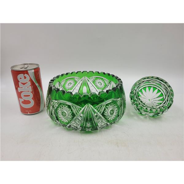 Vintage Green Cut to Clear Etched Crystal Bowl and Vase