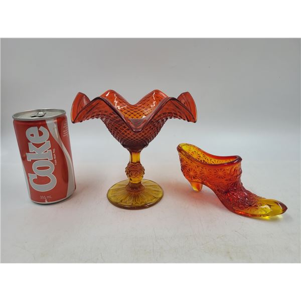 Vintage Fenton Amberina Daisy & Button Glass Shoe and Ruffled Bowl