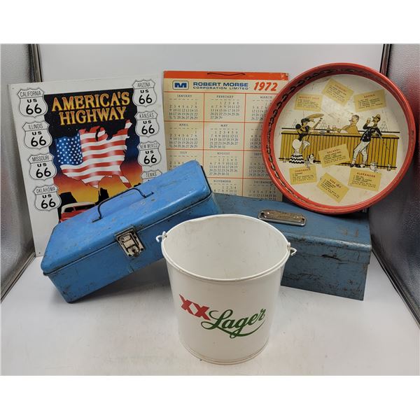 Vintage Metal Boxes/Tray/Calendar/Bucket and Sign