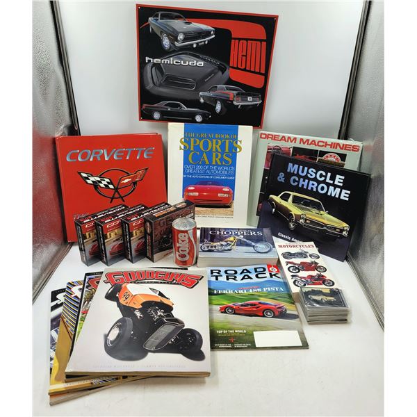 Car and Motorcycle Books, Calendars  and Tin Sign