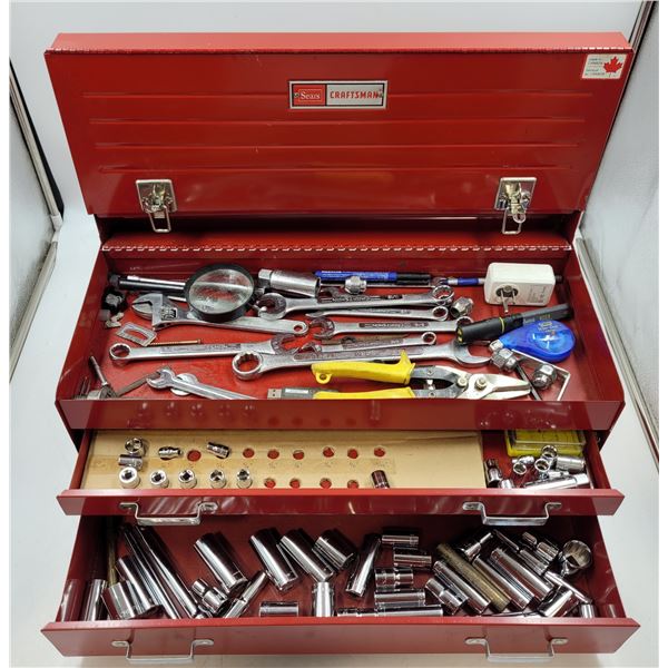 Craftsman 3 Tier Metal Tool box with Assorted Tools and Sockets