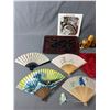 Image 2 : Nice Lot of Asian Colletibles- Lacquer Vase, Carved Wood Tray, Fans, Wood Figures, Tea Cozy etc