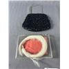 Image 2 : Beatuiful Vintage Black Beaded Handbang- Hong Kong, Feather Hairband and Sheer Halff Gloves