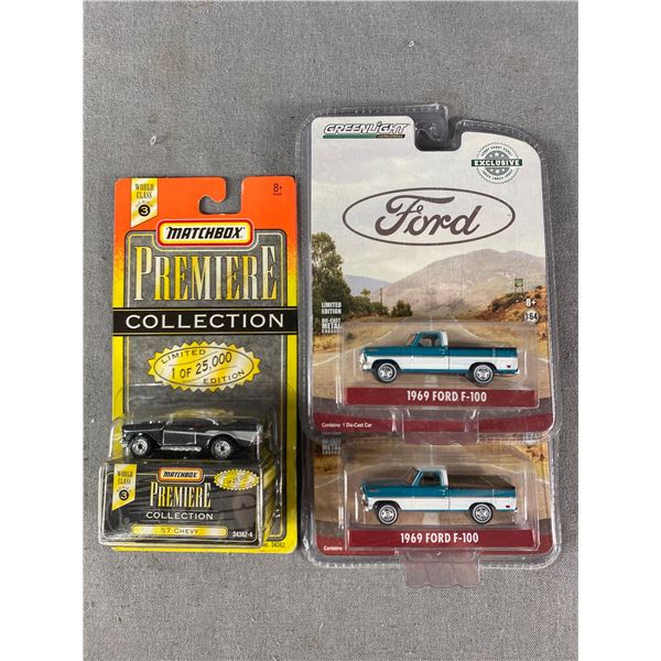 L.E. Die-cast 1:64 Scale Vehicles - Matchbox Premiere Collection '57 Chevy & Greenlight '69 Ford F-1