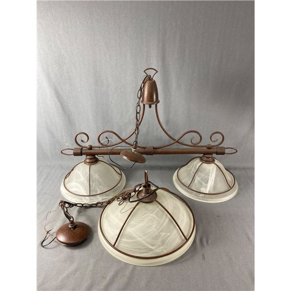 2 Matching Metal Ceiling Light Fixtures w/ Glass Shades - 2 Light Island Approx. 34"L w/13" D Shades