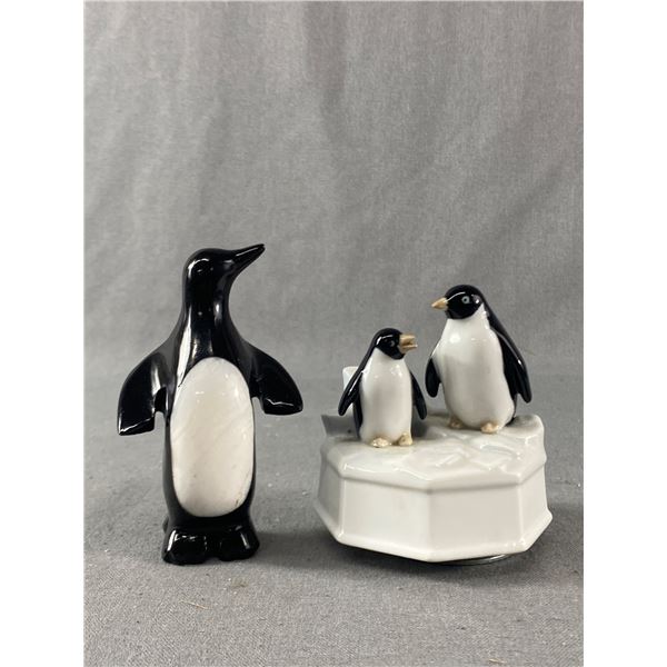 Vintage Otigari Japan Penguins Musical Box & 5" H Stone Penguin