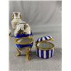Image 2 : 4 Collectible Porcelain Pieces - 6" H Floral Lattice Vase, 2 3/4"H  Mini Vase,4.5"H  Hinged Egg Trin