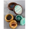 Image 2 : Trinket Boxes - 2 Wood & Semi-Precious Stone Enlay Lids & 1 Pottery. Largest Is 4" Diam.