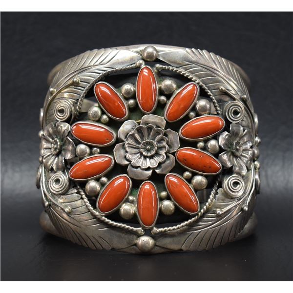 SILVER AND CORAL BRACELET (SIGNED)