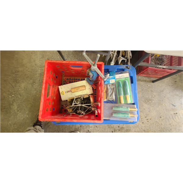 CRATE WITH WELDING CABLE CONNECTORS, BANDING TOOL AND MISC - LOCATED IN GARRAGE