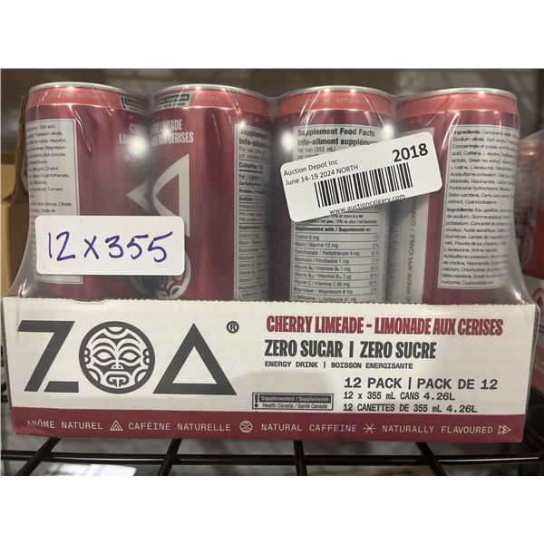 CASE LOT- ZOA Zero Sugar Cherry Limeade Naturally Caffeinated  Energy Drink 12x355mL