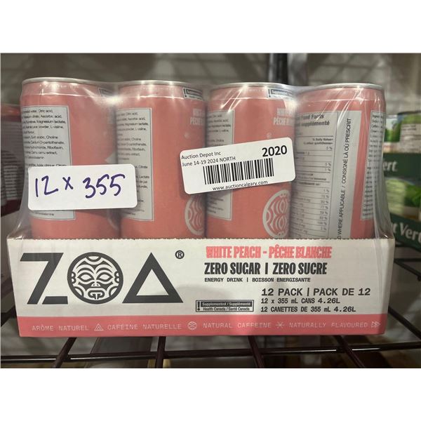 CASE LOT- ZOA Zero Sugar White Peach Naturally Caffeinated Energy Drink 12x355mL