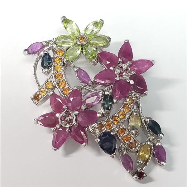 Silver Natural Multi Color Sapphire(12ct) Brooch (~weight 11.92g), Appraised Retail $1350