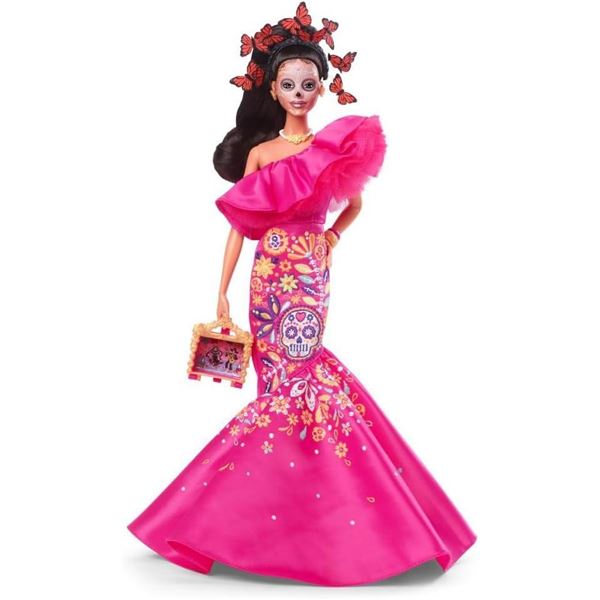 Barbie Signature Fashion Doll, 2023 Dia de Muertos Collectible Wearing Ruffled Pink Gown & Holding T