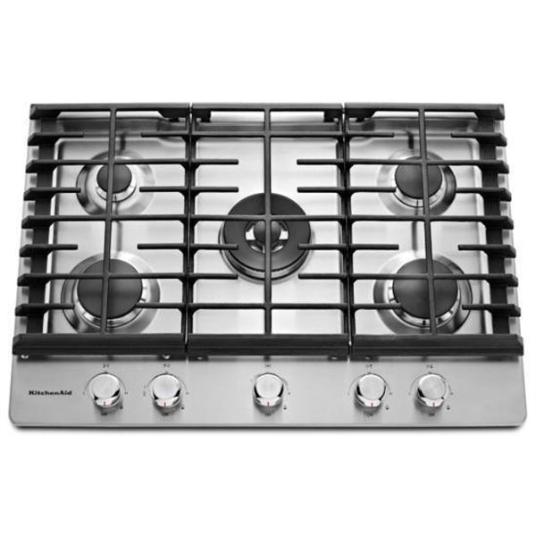 KitchenAid KCGS550ESS Gas Cooktop, 30 inch Exterior Width, 5 Burners, Stainless Steel color
