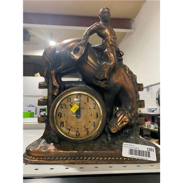 Vintage Bronzed - Breslin Industries Canada - 1950's Rodeo Horse Themed Mantle Clock - Wind Up