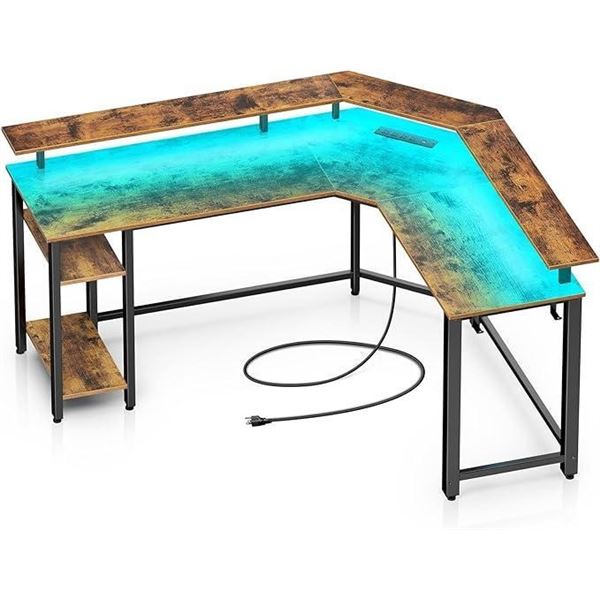 Rolanstar Computer Desk 55.1" with Power Outlets USB Ports & LED Strip,Reversible L Shaped Desk with