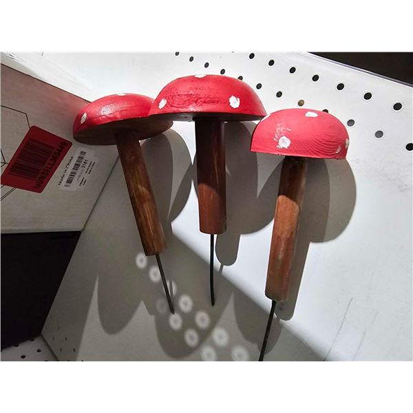 Lot of 3 Locally Hand Made Wooden Mushroom Garden Stakes