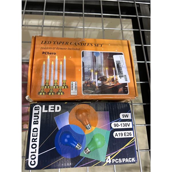Combo lot of LED flameless taper candle set and 4 pack of coloured LED light bulbs