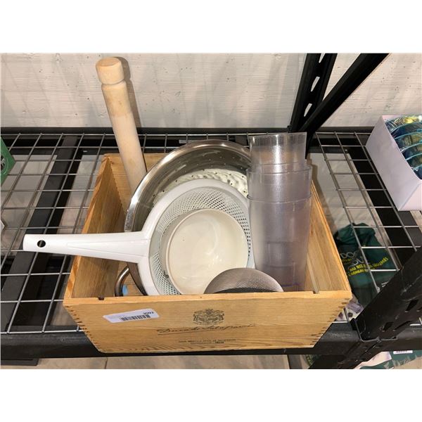 Wooden box of assorted kitchen goods