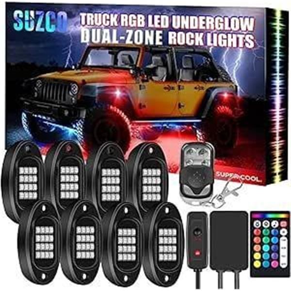 SUZCO 8-Pods Truck RGB LED Rock Underglow Timing Lights Kit, Multicolor Neon Under Wheel Well Light 