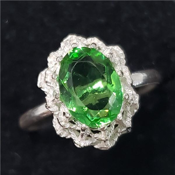 Silver Cubic Zirconia and emerald oval cut cluster Ring