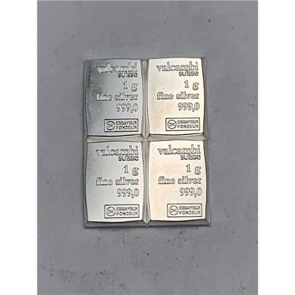 Valcambi Suisse 1g .999 Pure Silver Wafer Bars LOT of 4