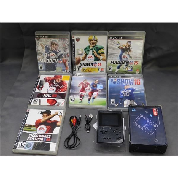 Lot of 7 PS3 Games & 3rd Party Mini Game System, Pre-Loaded Handheld Console