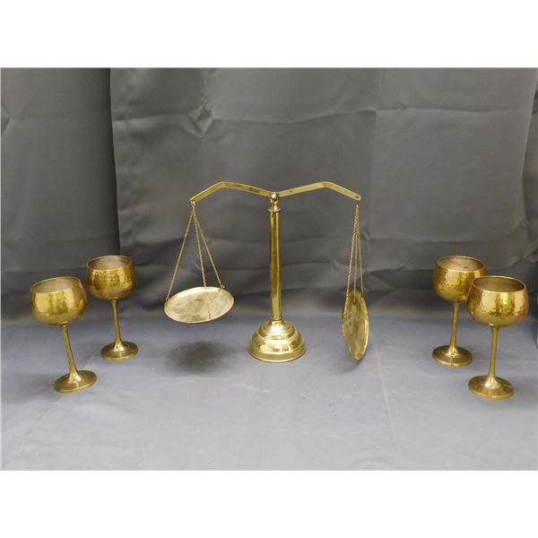 Brass Balancing Scale & 4 Brass Goblets