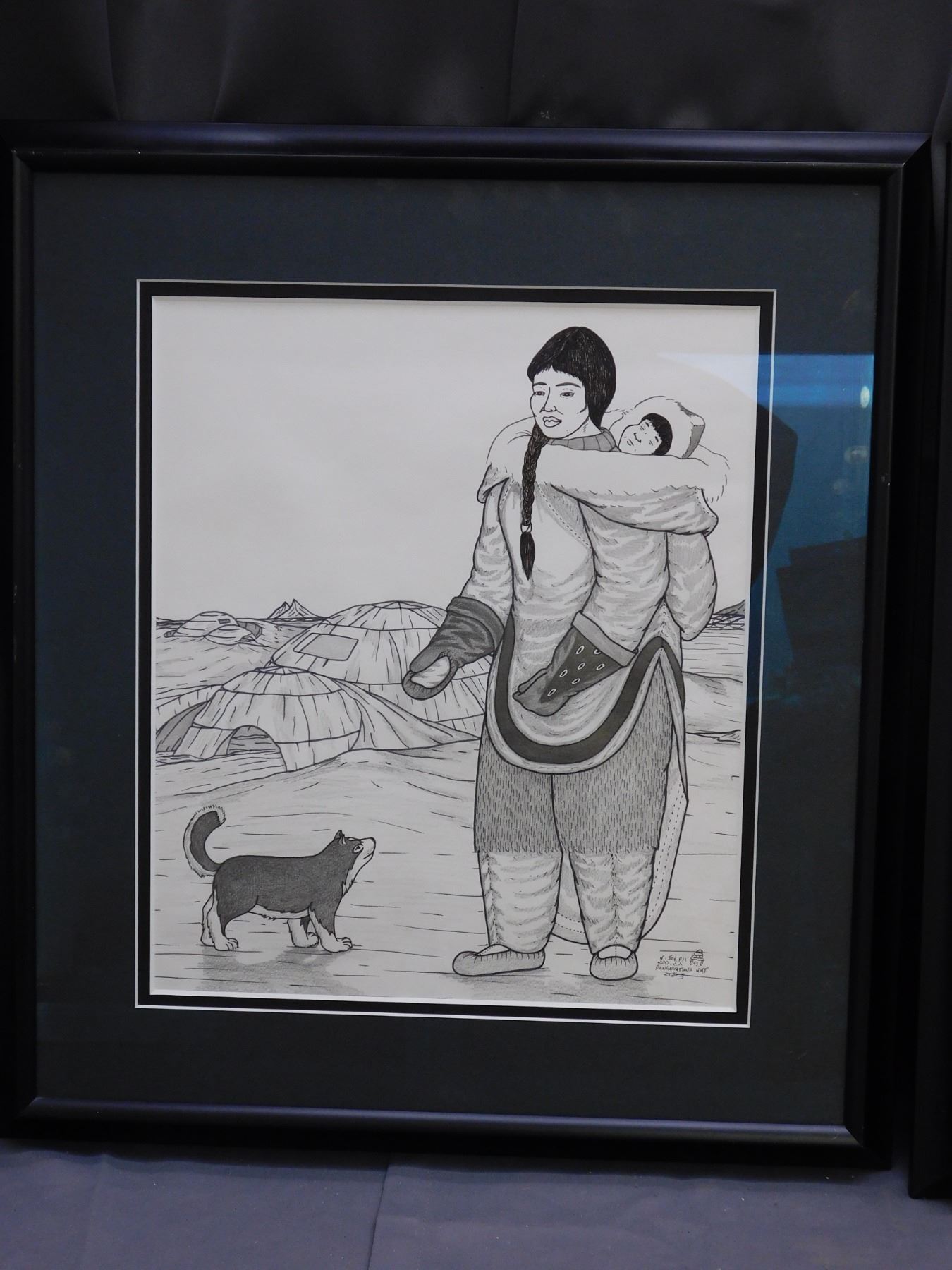 Pair of Indigenous Inuit Marker & Pencil Artist Signed Original Framed ...