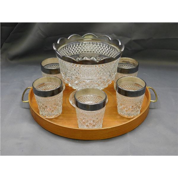 Anchor Hocking Wexford Silver Footed Dish & Rocks Glasses Silver Rimmed