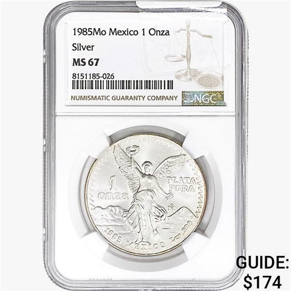 1985Mo 1oz. Silver Mexicanos Onza NGC MS67