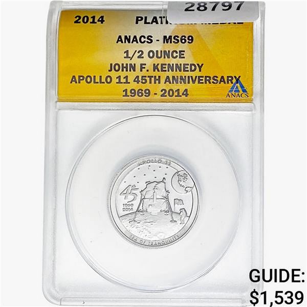 2014 1/2oz. Platinum JFK Apollo 11 Medal ANACS MS69