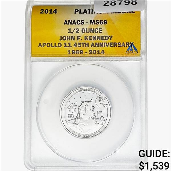 2014 1/2oz. Platinum JFK Apollo 11 Medal ANACS MS69