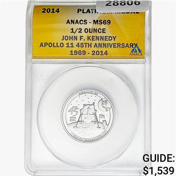 2014 1/2oz. Platinum JFK Apollo 11 Medal ANACS MS69