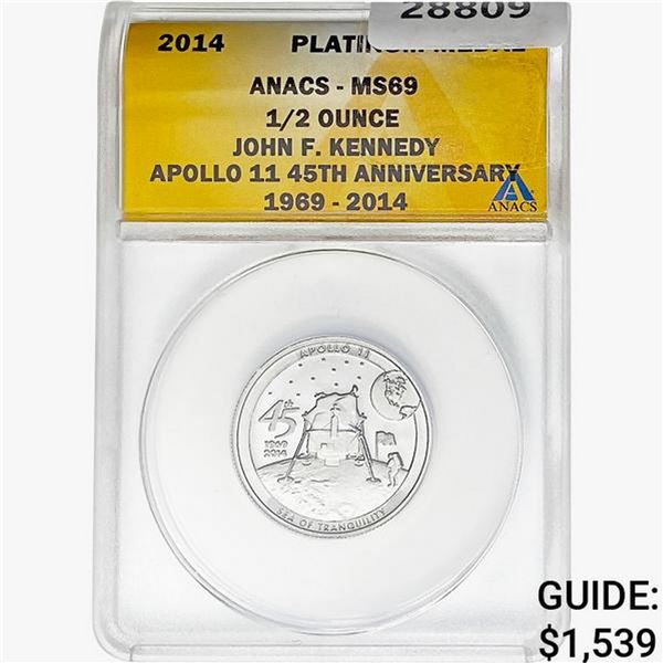 2014 1/2oz. Platinum JFK Apollo 11 Medal ANACS MS69