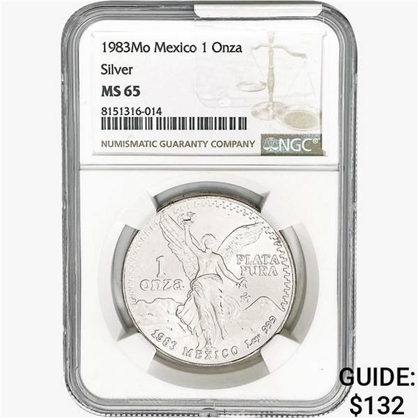 1983Mo 1oz. Silver Mexicanos Onza NGC MS65