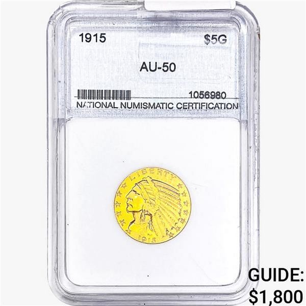 1915 $5 Gold Half Eagle NNC AU50