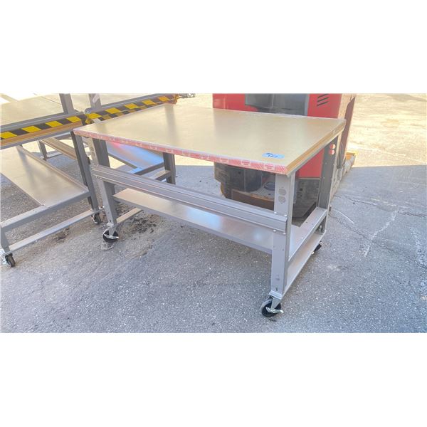 ULINE WOOD TOP METAL FRAME MOBILE HEIGHT ADJUSTABLE PACKING TABLE WITH HALF BOTTOM SHELF