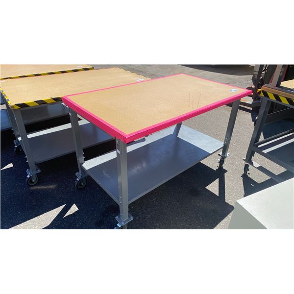ULINE WOOD TOP METAL FRAME MOBILE HEIGHT ADJUSTABLE PACKING TABLE WITH FULL BOTTOM SHELF