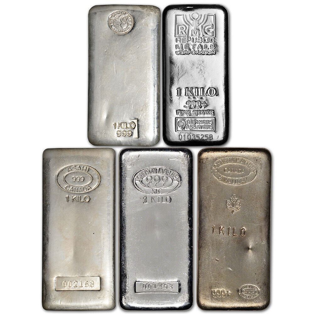 Five 1 Kilo (32.15 oz) Silver Bars - Random Brand. 999 Fine Total 160. ...