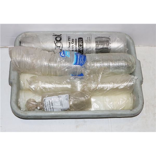 BUS PAN FULL OF ASSORTED TO GO BEVERAGE CONTAINER